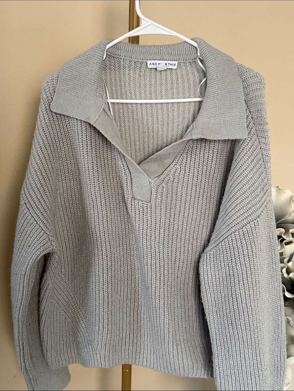 Light Gray Ribbed Open-Collar Sweater - Picture 2 of 5